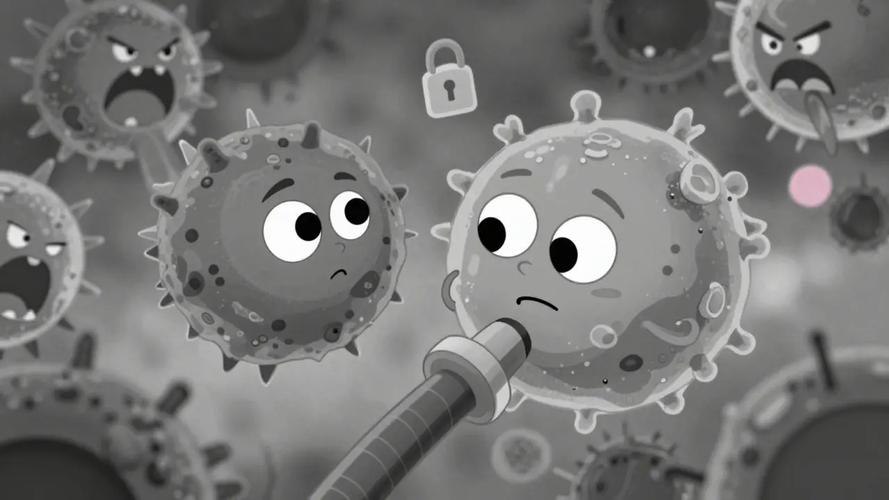 Animated cell character blocking angry inflammation monsters visually