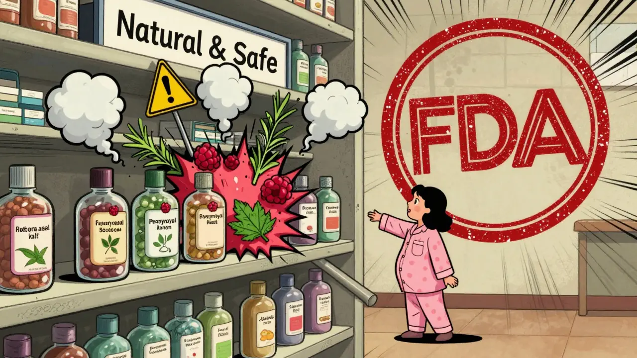 Chaotic herbal supplement shelf exploding with warning signs in a cartoon illustration.