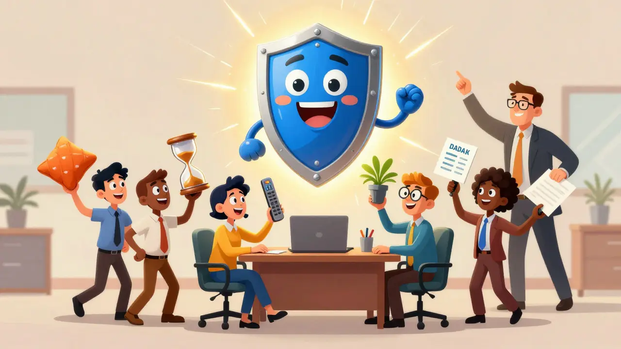 Coworkers supporting a person with chronic pain by holding accommodation tools, with an ADA shield glowing above.