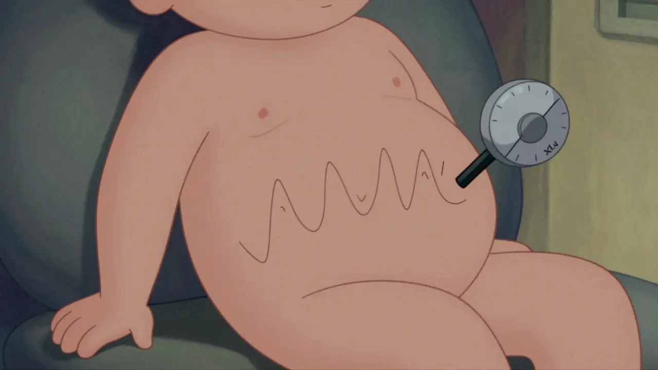 Relaxed cartoon figure with calm energy radiating from the abdomen area