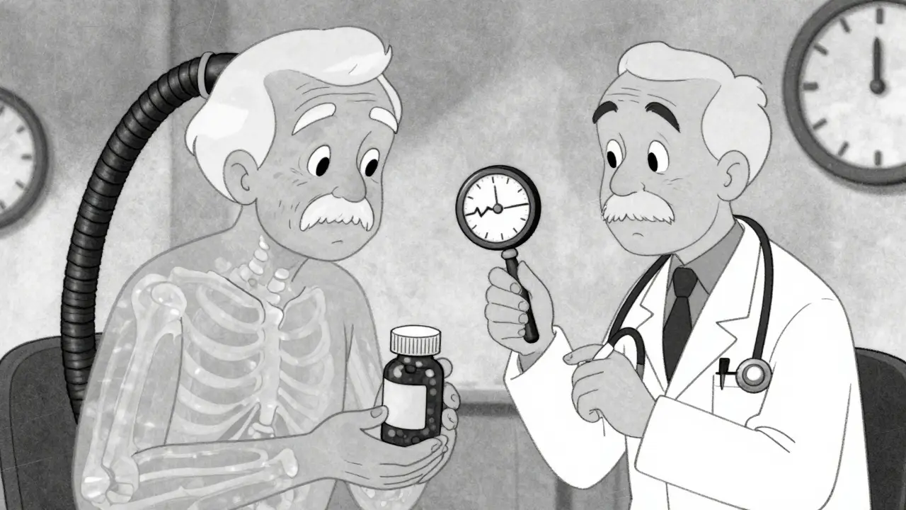Retro illustration of frail elderly character with medical monitoring