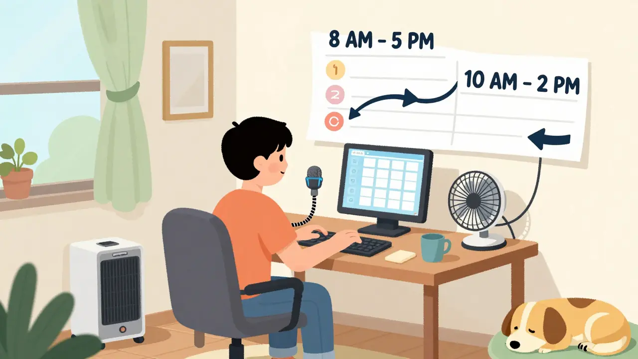 Someone working remotely with voice-to-text software, a heater, fan, and flexible schedule chart nearby.