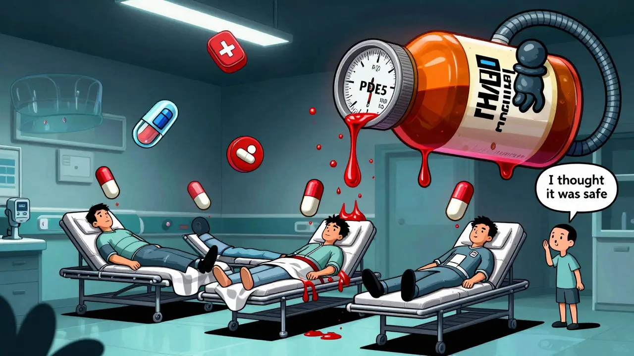 Three unconscious men in an ER are surrounded by floating pills and a giant nitroglycerin bottle, rendered in rubber hose cartoon style.