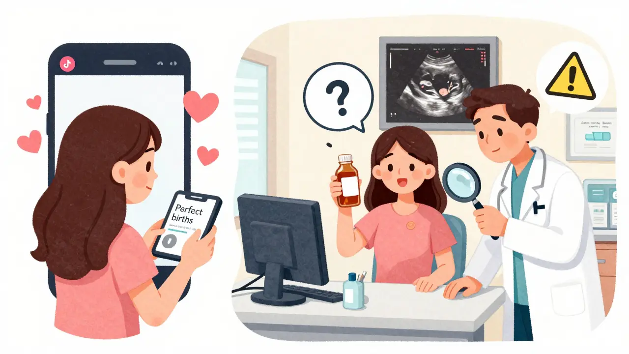 Woman comparing social media advice with doctor's guidance during pregnancy consultation.
