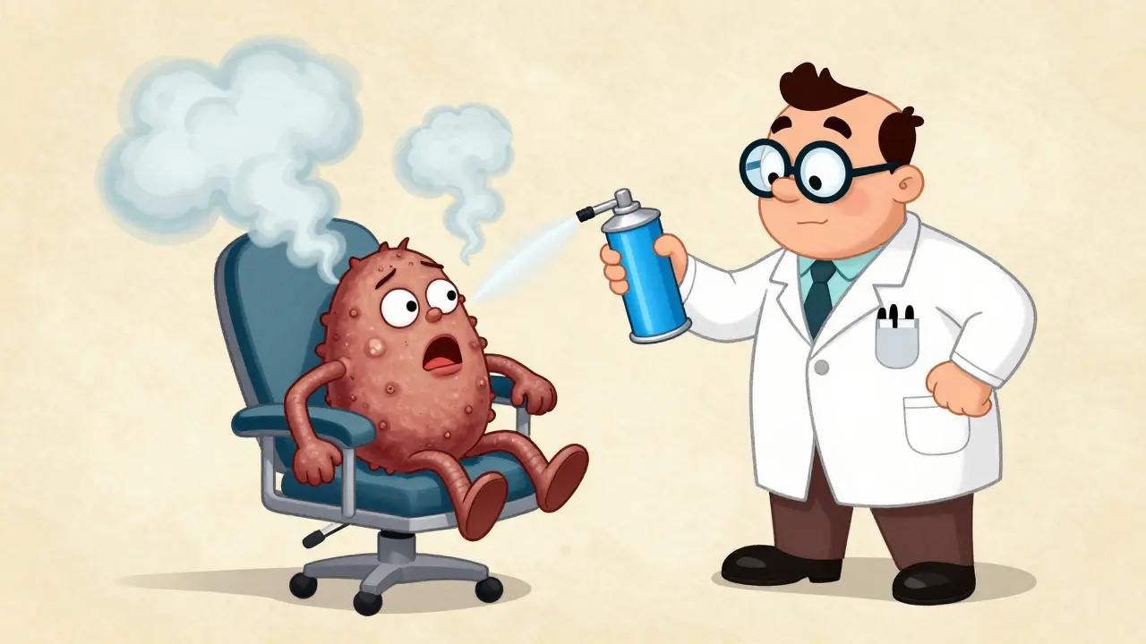 A doctor using liquid nitrogen to treat a nervous wart character in rubber hose style.