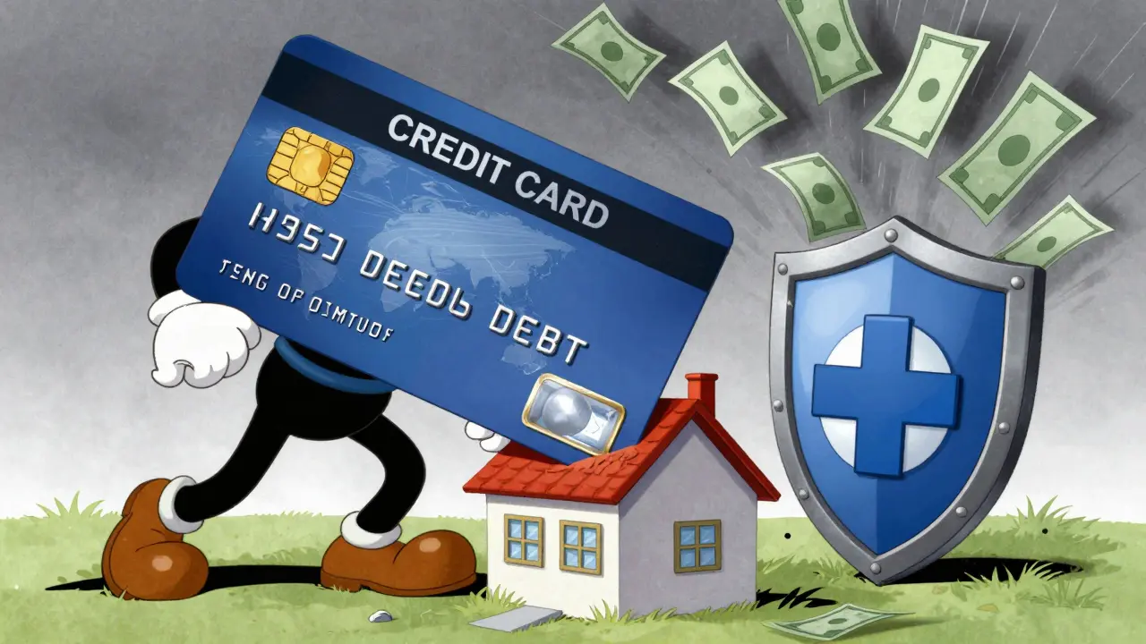 A giant credit card weighing down a house next to a protective medical shield.