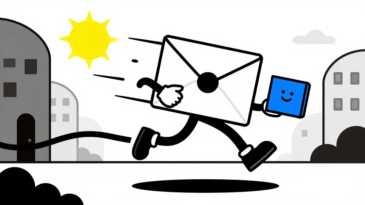 Animated mail envelope delivering a medical package with a happy expression.