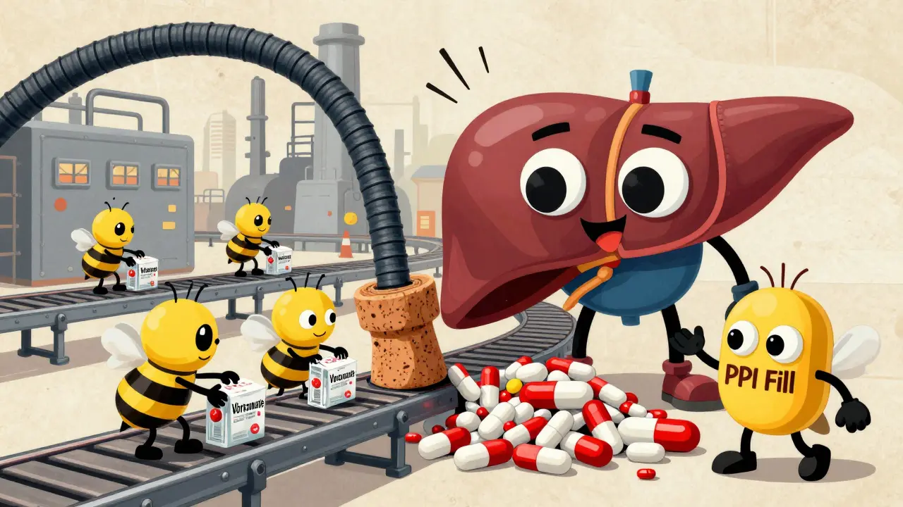 Animation style liver factory where a PPI pill blocks the processing of medication on a conveyor belt.
