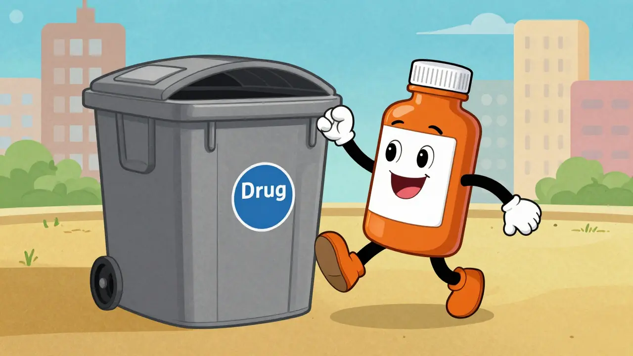 Anthropomorphic medicine bottle being placed in a drug take-back bin.