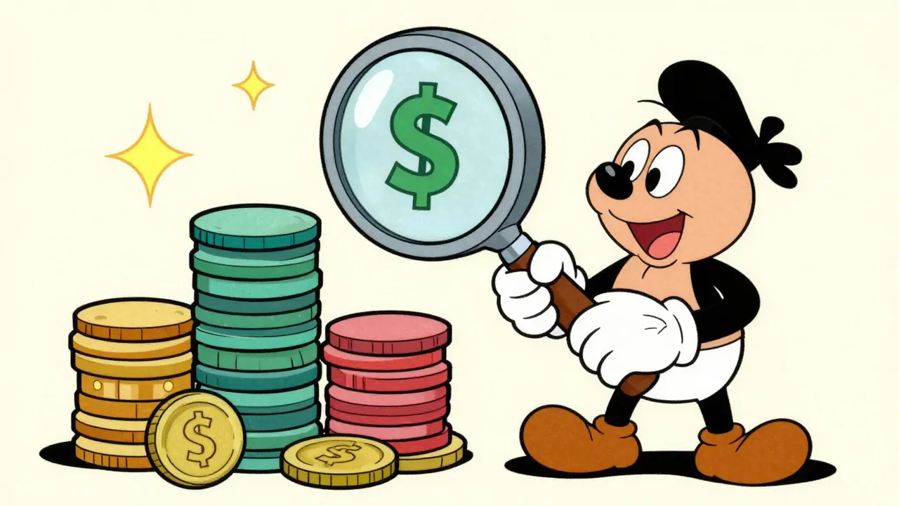 Cartoon hand using a magnifying glass to find low prices on medication.