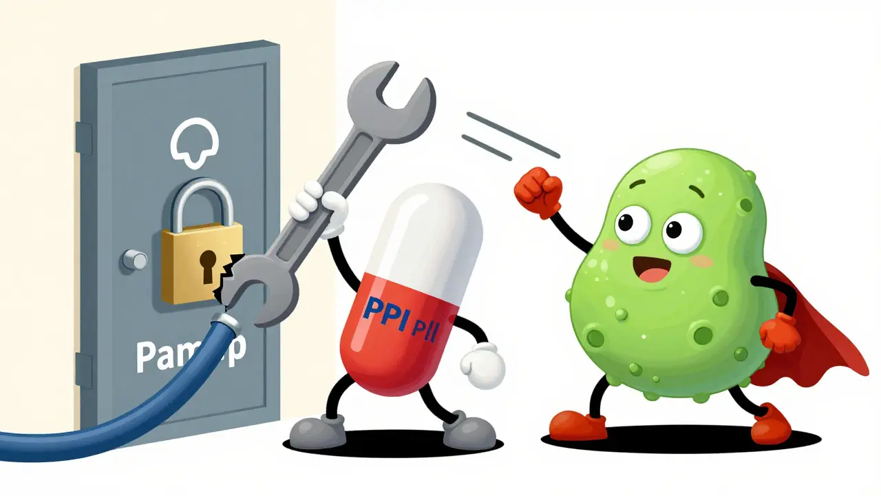 Cartoon PPI and antifungal pills teaming up to attack a goofy fungal cell character.