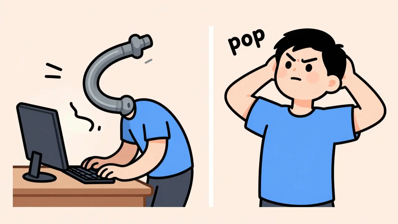 Comparison of a character with poor tech-neck posture versus performing a chin tuck exercise.