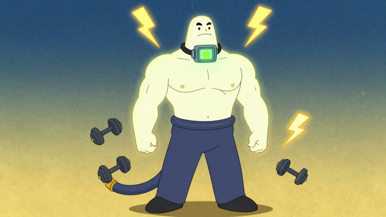 Confident cartoon character wearing a neck posture sensor and showing strength.