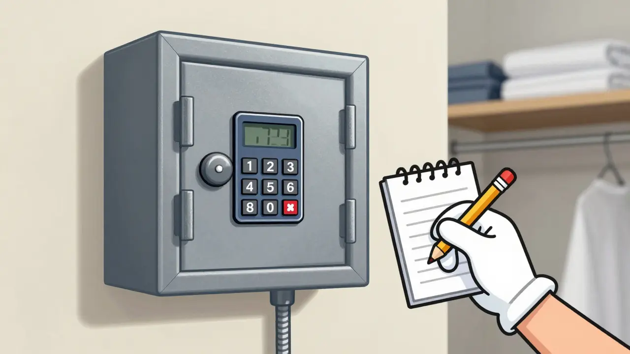 Secure wall-mounted safe and a pill count log in rubber hose animation style.